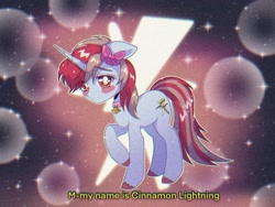 Size: 2048x1536 | Tagged: safe, artist:pierogarts, derpibooru import, oc, oc:cinnamon lightning, pony, unicorn, anime style, bell, bell collar, blushing, bow, collar, cutie mark, solo, sparkles, wingding eyes