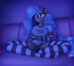 Size: 4000x3600 | Tagged: safe, artist:irisarco, derpibooru import, princess luna, anthro, plantigrade anthro, breasts, clothes, controller, cute, eyeshadow, female, fingerless gloves, gamer luna, gloves, halo (series), headphones, headset, horn, indoors, long gloves, long mane, makeup, microphone, nail polish, night, panties, shirt, sitting, smiling, socks, sofa, solo, stocking feet, stockings, striped socks, t-shirt, tail, thigh highs, underwear, watermark