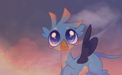 Size: 1074x664 | Tagged: safe, derpibooru import, gallus, griffon, the hearth's warming club, :<, blue eyes, cloud, fluffy, lonely, looking at something, male, sky, solo