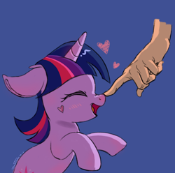 Size: 1334x1323 | Tagged: safe, artist:dawnflame, derpibooru import, twilight sparkle, unicorn twilight, human, pony, unicorn, blue background, blushing, boop, cute, ears, eyes closed, female, filly, floating heart, floppy ears, foal, hand, heart, nose wrinkle, simple background, twiabetes