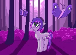 Size: 525x378 | Tagged: safe, artist:__briakitten, derpibooru import, oc, oc only, butterfly, earth pony, pony, beanie, forest, glasses, hat, pixel art, smiling, solo