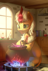 Size: 1080x1580 | Tagged: safe, artist:adagiostring, derpibooru import, oc, oc only, kirin, book, candle, cauldron, fire, flask, kirin oc, male, mortar and pestle, solo, stallion, window