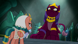 Size: 1920x1080 | Tagged: safe, derpibooru import, screencap, somnambula, sphinx (character), pegasus, pony, sphinx, daring done?, season 7, 1080p, angry, butt, duo, egyptian, egyptian pony, fearless, i watch it for the plot, plot, size difference, the sphinx