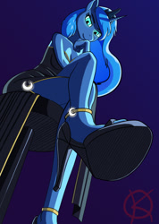 Size: 770x1080 | Tagged: safe, artist:kpapwiss, derpibooru import, princess luna, anthro, unicorn, clothes, dress, female, glowing, glowing eyes, high heels, looking at you, low angle, perspective, shoes, simple background, sitting, solo