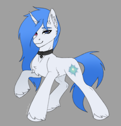 Size: 1452x1520 | Tagged: safe, artist:enderbee, derpibooru import, oc, unicorn, blue hair, chest fluff, digital art, ear fluff, ears, female, heterochromia, leg fluff, long hair, mare, raffle prize, raised hoof, raised leg, sketch, slim, solo, unshorn fetlocks