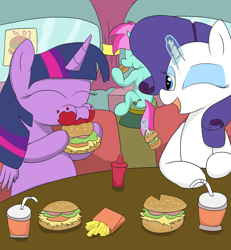 Size: 2215x2400 | Tagged: safe, artist:amateur-draw, derpibooru import, rarity, twilight sparkle, twilight sparkle (alicorn), oc, oc:belle boue, alicorn, pony, burger, chubby, eating, fast food, female, food, french fries, hay burger, mare, restaurant, table, that pony sure does love burgers