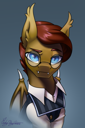 Size: 2000x3000 | Tagged: safe, artist:jedayskayvoker, derpibooru import, oc, oc:bass amperage, bat pony, pony, bat pony oc, bat wings, bust, clothes, ear fluff, ears, eyebrows, fangs, glasses, gradient background, icon, male, patreon, patreon reward, portrait, slit eyes, solo, stallion, wings