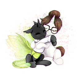 Size: 900x900 | Tagged: artist needed, source needed, safe, derpibooru import, raven, oc, changeling, pony, unicorn, changeling oc, clothes, cute, green changeling, hug, ravenbetes