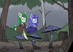 Size: 1754x1240 | Tagged: safe, artist:paskanaakka, derpibooru exclusive, derpibooru import, oc, oc only, oc:bittergreen, oc:midnight dew, earth pony, unicorn, cloak, clothes, ear fluff, ears, female, forest, mare, mushroom, story included, tree, tree stump