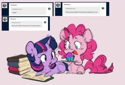 Size: 1280x877 | Tagged: safe, artist:chub-wub, derpibooru import, pinkie pie, twilight sparkle, twilight sparkle (alicorn), alicorn, earth pony, pony, ask, blushing, book, chibi, cupcake, cute, diapinkes, duo, female, food, lesbian, lying down, mare, open mouth, plate, prone, reading, shipping, tumblr, twiabetes, twinkie