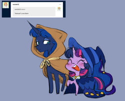 Size: 1280x1039 | Tagged: safe, artist:chub-wub, derpibooru import, clover the clever, princess luna, star swirl the bearded, twilight sparkle, twilight sparkle (alicorn), alicorn, pony, ask, blue background, blushing, chibi, cloak, clothes, costume, cute, duo, female, hat, lesbian, lunabetes, mare, nightmare night costume, open mouth, raised hoof, raised leg, robe, rope, shipping, simple background, tumblr, twiabetes, twiluna, wizard hat, wizard robe