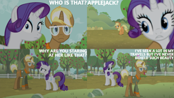 Size: 4400x2475 | Tagged: safe, derpibooru import, edit, edited screencap, editor:quoterific, screencap, applejack, rarity, trenderhoof, simple ways