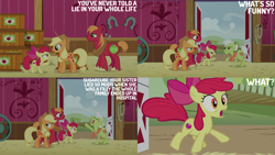 Size: 4400x2475 | Tagged: safe, derpibooru import, edit, edited screencap, editor:quoterific, screencap, apple bloom, applejack, big macintosh, granny smith, where the apple lies