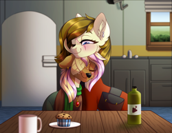 Size: 2500x1929 | Tagged: safe, artist:_ladybanshee_, derpibooru import, oc, oc only, oc:dusty heartwood, oc:willow heartwood, deer, earth pony, pony, fallout equestria, ashes town, bandage, blonde, brown mane, camera, cider, clothes, coffee mug, cute, deer oc, dress, ear fluff, ear piercing, earring, ears, earth pony oc, fallout, food, jewelry, kitchen, married, married couple, muffin, mug, non-pony oc, piercing, refrigerator, scar, scarf, sink