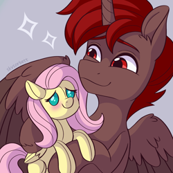 Size: 1600x1600 | Tagged: safe, artist:skysorbett, derpibooru import, fluttershy, oc, oc:hardy, alicorn, pony, male, plushie, smiling, stallion