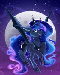 Size: 2400x3000 | Tagged: safe, artist:starcasteclipse, derpibooru import, princess luna, alicorn, bat pony, bat pony alicorn, bat wings, flying, horn, moon, smiling, wings