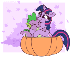 Size: 2550x2050 | Tagged: safe, artist:graphene, derpibooru import, part of a set, spike, twilight sparkle, unicorn twilight, dragon, pony, unicorn, cute, duo, ears, floppy ears, hug, leaves, mama twilight, pumpkin, spikabetes, spikelove, twiabetes