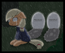 Size: 1082x888 | Tagged: safe, artist:nikytale, derpibooru import, applejack, earth pony, pony, clothes, crying, female, gravestone, mare, outdoors, rain, solo, wide eyes