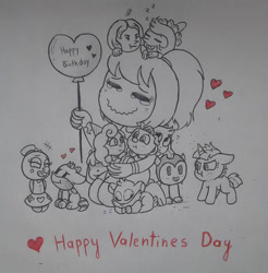 Size: 1484x1508 | Tagged: safe, artist:nikytale, derpibooru import, human, pony, unicorn, balloon, crossover, female, happy birthday, happy valentines day, mare, scrunchy face, smiling, traditional art