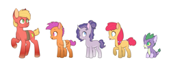 Size: 1523x588 | Tagged: safe, artist:nikytale, derpibooru import, apple bloom, big macintosh, scootaloo, sweetie belle, dragon, earth pony, pegasus, pony, unicorn, :p, cutie mark crusaders, female, male, mare, raised hoof, raised leg, redesign, simple background, stallion, tongue, tongue out, white background