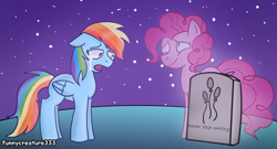 Size: 1916x1033 | Tagged: safe, artist:funnycreature333ng, derpibooru import, pinkie pie, rainbow dash, earth pony, pegasus, pony, fanfic:bittersweet, crying, duo, fanfic art, female, gravestone, spirit