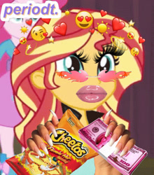 Size: 1125x1281 | Tagged: safe, derpibooru import, edit, edited screencap, screencap, pinkie pie, sunset shimmer, equestria girls, baddie, big lips, cheetos, chips, delet this, emoji, eyelashes, food, girlboss, hand, heart, heart eyes, irl, kissing, lip gloss, lips, lipstick, money, nails, one eye closed, stars, sun, sunglasses, wat, wingding eyes, wink