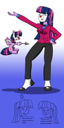 Size: 1805x3589 | Tagged: safe, artist:twi clown, derpibooru import, twilight sparkle, twilight sparkle (alicorn), oc, oc:twi clown, alicorn, human, pony, unicorn, equestria girls, bowtie, clone, clothes, clown, clown nose, coat, crown, drill, humanized, jewelry, potion, red nose, regalia, spats, suit, vest