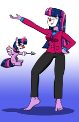 Size: 1805x2793 | Tagged: safe, alternate version, artist:twi clown, derpibooru import, oc, oc:twi clown, human, pony, unicorn, equestria girls, barefoot, bowtie, breasts, clothes, clown, clown nose, coat, drill, feet, humanized, potion, red nose, suit