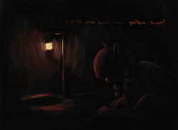 Size: 2795x2030 | Tagged: safe, artist:t72b, derpibooru import, inky rose, pegasus, pony, braid, dark, female, lantern, limited palette, mare, sitting, spooky, talking to viewer, the king in yellow