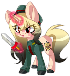 Size: 3472x3752 | Tagged: safe, artist:darkjillmlp123, derpibooru import, oc, oc only, pony, unicorn, clothes, female, magic, mare, simple background, solo, sword, tongue, tongue out, transparent background, uniform, weapon