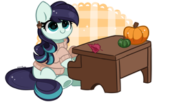 Size: 6821x4065 | Tagged: safe, artist:kittyrosie, derpibooru import, coloratura, earth pony, pony, clothes, cute, female, leaf, mare, musical instrument, piano, pumpkin, simple background, sitting, smiling, solo, sweater, white background