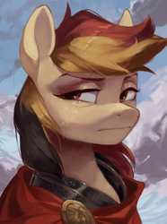 Size: 1560x2100 | Tagged: safe, artist:cadillacdynamite, derpibooru import, oc, oc only, oc:typhoon, pegasus, pony, equestria at war mod, angry, armor, bust, cape, clothes, eye scar, facial scar, female, guardsmare, mare, portrait, royal guard, scar, scowl, sky, solo, squint