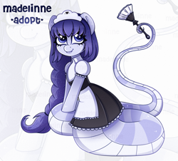 Size: 2815x2540 | Tagged: safe, artist:madelinne, derpibooru import, oc, oc only, lamia, original species, adoptable, adoptable open, adoption, blue eyes, blue hair, braid, clothes, cute, dress, female, long hair, maid, mare, shy, simple background, zoom layer