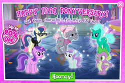 Size: 1957x1300 | Tagged: safe, derpibooru import, amethyst star, bon bon, glitter drops, liza doolots, petunia, sparkler, spike, sweetie drops, tootsie flute, dragon, earth pony, unicorn, bowtie, claws, clothes, curved horn, english, event, female, filly, foal, gameloft, group, horn, mare, mlp gameloft tenth anniversary, necktie, numbers, official, old gardener, sale, secret agent sweetie drops, suit, sunglasses, text, winged spike, wings