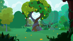 Size: 3688x2073 | Tagged: safe, artist:zacatron94, derpibooru import, the perfect pear, apple, apple tree, intertwined trees, no pony, pear tree, rock, tree, vector, wallpaper