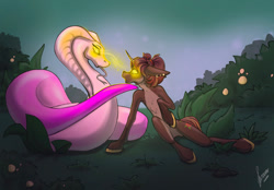 Size: 1180x820 | Tagged: safe, artist:stirren, derpibooru import, pony, snake, unicorn, commission, duo, forest background, glowing, glowing eyes, hypnosis, hypnotized, looking into each others eyes, mind control, nature, swirly eyes, ych result