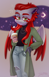 Size: 3113x4920 | Tagged: safe, artist:irinamar, derpibooru import, oc, oc only, oc:nimea rednight, anthro, pegasus, unguligrade anthro, :<, bijouterie, burn, burnt, cardigan, chains, clothes, coffee, coffee cup, commission, cup, denim, digital art, ear piercing, earring, eyelashes, female, fog, green eyes, half body, jeans, jewelry, long hair, looking at you, moon, moonlight, nails, night, pants, pegasus oc, piercing, ripped pants, simple background, solo, sparkles, stars, sweater, torn clothes, turtleneck, wings