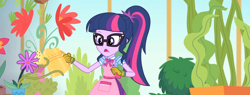 Size: 2845x1080 | Tagged: safe, derpibooru import, edit, edited screencap, screencap, sci-twi, twilight sparkle, human, better together, equestria girls, my little shop of horrors, apron, clothes, composite screencap, flower, geode of telekinesis, glasses, gloves, greenhouse, magical geodes, plant, ponytail, skirt, watering can