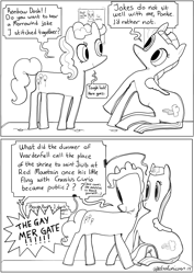 Size: 1280x1810 | Tagged: safe, artist:spectralunicorn, derpibooru import, pinkie pie, rainbow dash, earth pony, pegasus, pony, 2 panel comic, black and white, comic, dialogue, duo, grayscale, monochrome, morrowind, pun, simple background, speech bubble, the elder scrolls, white background