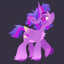 Size: 2048x2048 | Tagged: safe, artist:alexbeeza, derpibooru import, twilight sparkle, twilight sparkle (alicorn), alicorn, alternate design, alternate hairstyle, chest fluff, colored wings, freckles, glasses, gradient wings, looking back, short mane, short tail, tail, unamused, unshorn fetlocks, wings