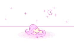 Size: 513x335 | Tagged: safe, artist:__briakitten, derpibooru import, fluttershy, pegasus, pony, crescent moon, ears, eyes closed, floppy ears, lying down, moon, pixel art, simple background, smiling, solo, stars, white background