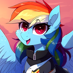 Size: 512x512 | Tagged: safe, derpibooru import, machine learning generated, rainbow dash, pegasus, pony, clothes, ear fluff, ears, female, jacket, looking at you, mare, solo, wings