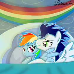 Size: 900x900 | Tagged: safe, artist:mlplary6, derpibooru import, rainbow dash, soarin', pegasus, pony, bed, female, hug, looking at each other, looking at someone, lying down, male, mare, morning, shipping, smiling, smiling at each other, soarindash, stallion, straight