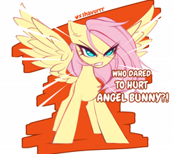 Size: 2437x2160 | Tagged: safe, artist:shavurrr, derpibooru import, fluttershy, pegasus, pony, angry, huevember, implied angel bunny, simple background, solo, this will end in pain, this will end in pain and/or death