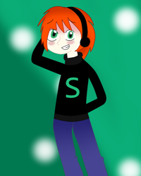 Size: 2448x3057 | Tagged: safe, derpibooru import, spike, human, equestria girls, green eyes, headphones, human spike, humanized, long hair, new look, orange hair, shy