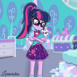 Size: 1000x1000 | Tagged: safe, artist:mlplary6, derpibooru import, princess flurry heart, sci-twi, twilight sparkle, human, equestria girls, aunt and niece, baby, carrying, cute, equestria girls-ified, female, flurrybetes, looking at each other, looking at someone, pacifier, sci-twi outfits, smiling, twiabetes