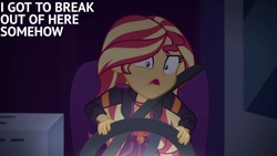 Size: 1280x720 | Tagged: safe, derpibooru import, edit, edited screencap, editor:quoterific, screencap, sunset shimmer, better together, equestria girls, sunset's backstage pass!, desperate, desperation, driving, female, open mouth, rv, solo