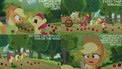 Size: 4400x2475 | Tagged: safe, derpibooru import, edit, edited screencap, editor:quoterific, screencap, apple bloom, applejack, big macintosh, goldie delicious, granny smith, cat, earth pony, pony, going to seed, apple, apple bloom's bow, apple siblings, apple sisters, apple tree, applejack's hat, bag, barrel, bow, brother and sister, cart, clothes, cowboy hat, elderly, eyes closed, female, filly, foal, food, hair bow, hat, hooves in air, hooves up, implied great seedling, male, mare, open mouth, raised hoof, raised leg, saddle bag, siblings, sisters, stallion, tree