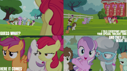 Size: 4400x2475 | Tagged: safe, derpibooru import, edit, edited screencap, editor:quoterific, screencap, apple bloom, boysenberry, diamond tiara, first base, peach fuzz, pipsqueak, scootaloo, silver spoon, super funk, sweetie belle, earth pony, pegasus, pony, unicorn, twilight time, apple bloom's bow, blank flank, bow, colt, cutie mark crusaders, excited, female, filly, foal, frown, glasses, hair bow, implied twilight sparkle, jewelry, male, oh no, open mouth, open smile, raised hoof, raised leg, smiling, tiara