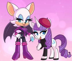 Size: 1200x1024 | Tagged: safe, artist:faeriebottle, derpibooru import, rarity, anthro, bat, pony, unicorn, beatnik rarity, beret, clothes, crossover, diamond, female, hat, kazumi evans, looking at you, mare, pink background, rouge the bat, simple background, smiling, sonic the hedgehog (series), sweater, voice actor joke